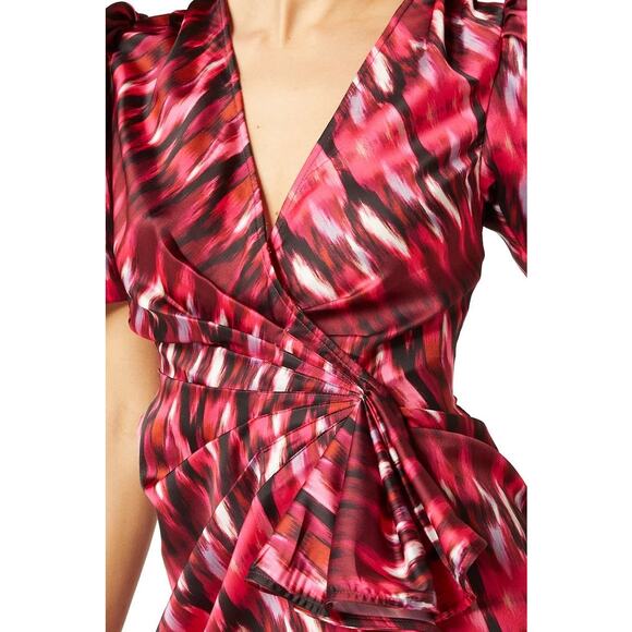 MISA Los Angeles Amina Wrap Chic Satin Ruffle Fuchsia Dress NWT XS $357 - Picture 4 of 7